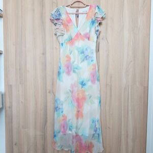 Taylor Womens Watercolor Midi Dress Size 12 Pastel Floral Ruffle Romantic Flowy